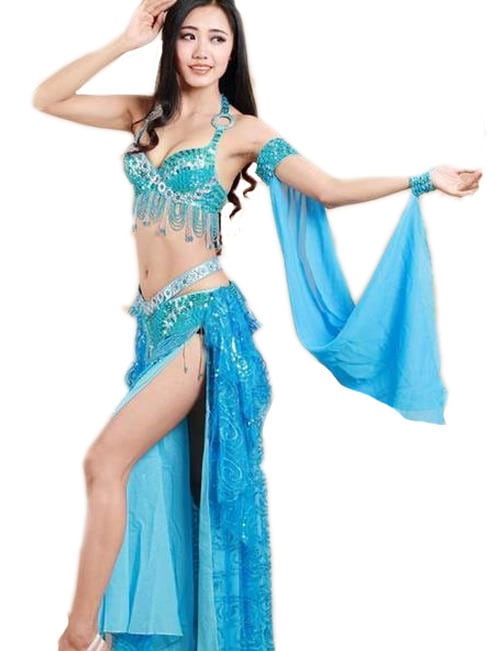 6色 S M L 上下セット＋ 腰巻き ３点セット ベリーダンス衣装 フリンジ スパンコール クラーデション コスチューム 社交ダンス ダンス服 ストレッチ レディース