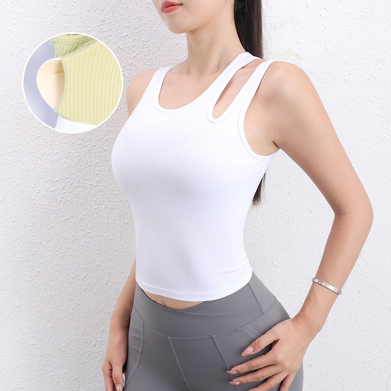 【急速出荷】胸パッド付きレディースヨガベスト中空ショルダーストラップスポーツブラピラティストレーニングトップフィットネスウェアブラ