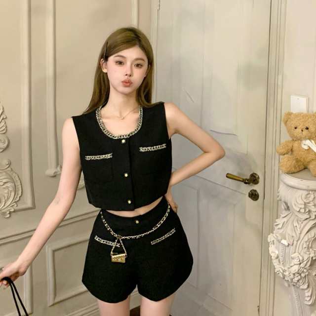セットアップ レディース ベスト シャツ ズボン パンツ ショートパンツ ショーパン クロップド丈 袖なし ノースリーブ ノースリ 前開き
