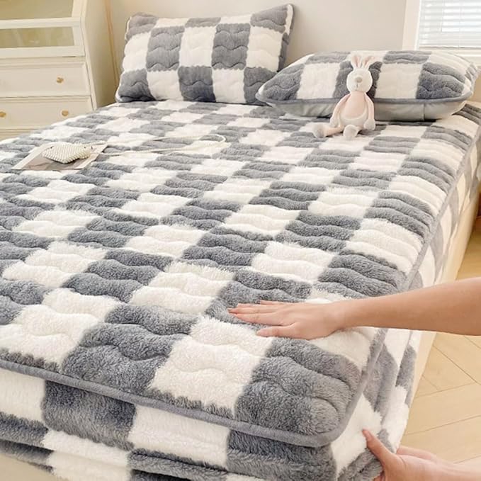 ベルベットチェックマットレスカバークイーンベルベットフィットシート枕カバー秋の冬と春のミルクベルベットマットレスカバー,Gray 180x200cm