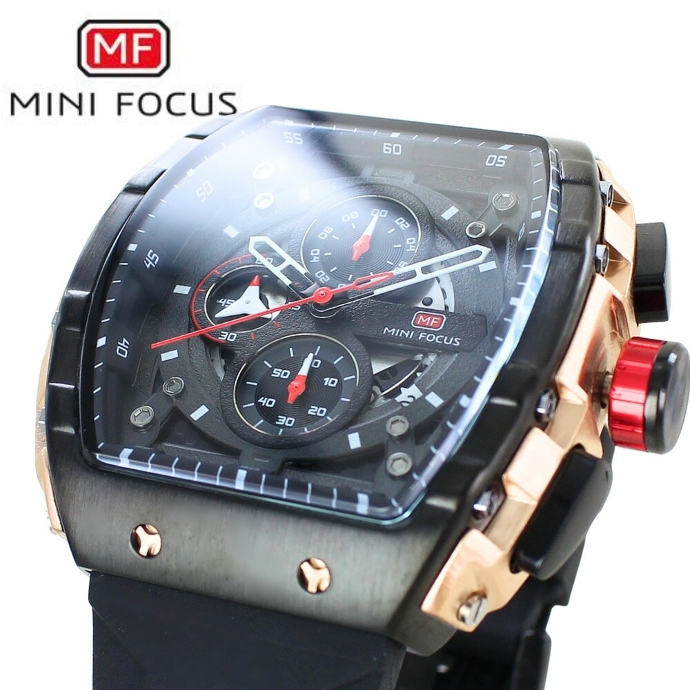 正規品 MINI FOCUS メンズ腕時計 クロノグラフ かっこいい 腕時計 手表 メンズ 父の日 トノー型 クォーツ ラバー ブラック 高級感 大人 おしゃれ ビジネス カジュアル 誕生日 プレゼン