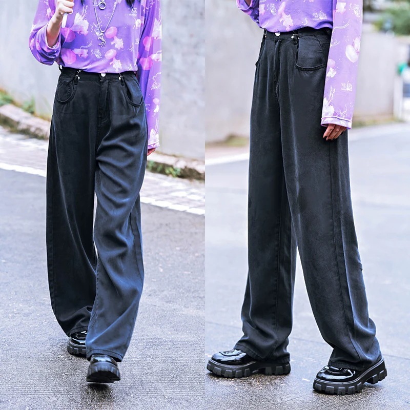 テンセルデニムパンツ イージーパンツ ジーンズ レディース ゆったり ロングパンツ 夏 ワイドパンツ 黒灰 ハイウエスト