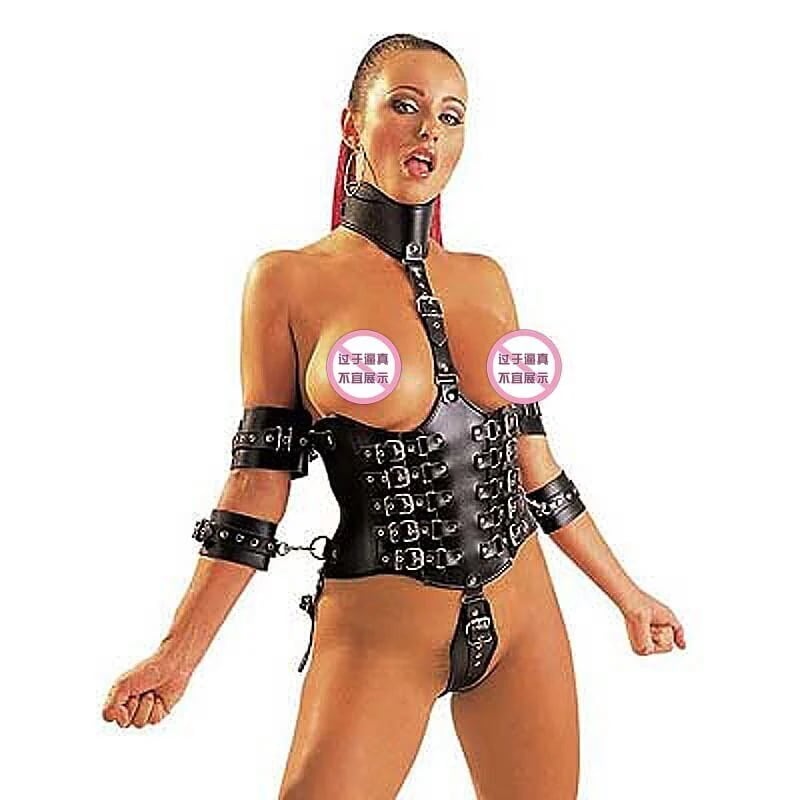 本格ボンテージのレザーコルセット オープンバストの拘束BDSMコスチューム 黒赤 コスプレ SM 女