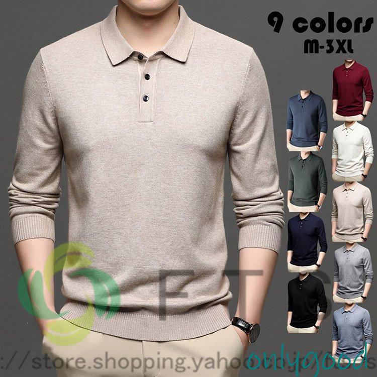 ゴルフウェア　メンズ　ニットシャツ メンズ 折り襟 セーター 大きいサイズ 無地 長袖 トップス トレンド ゴルフウェア おしゃれ スポーツ 春秋冬