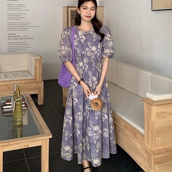 ワンピース ロングワンピース 半袖 ボリューム袖 ラウンドネック ウエストマーク シースルー ロング丈 かわいい 大人可愛い きれいめ 上品 おしゃれ 大人女子 こなれ感 レトロ きちんと 個性的