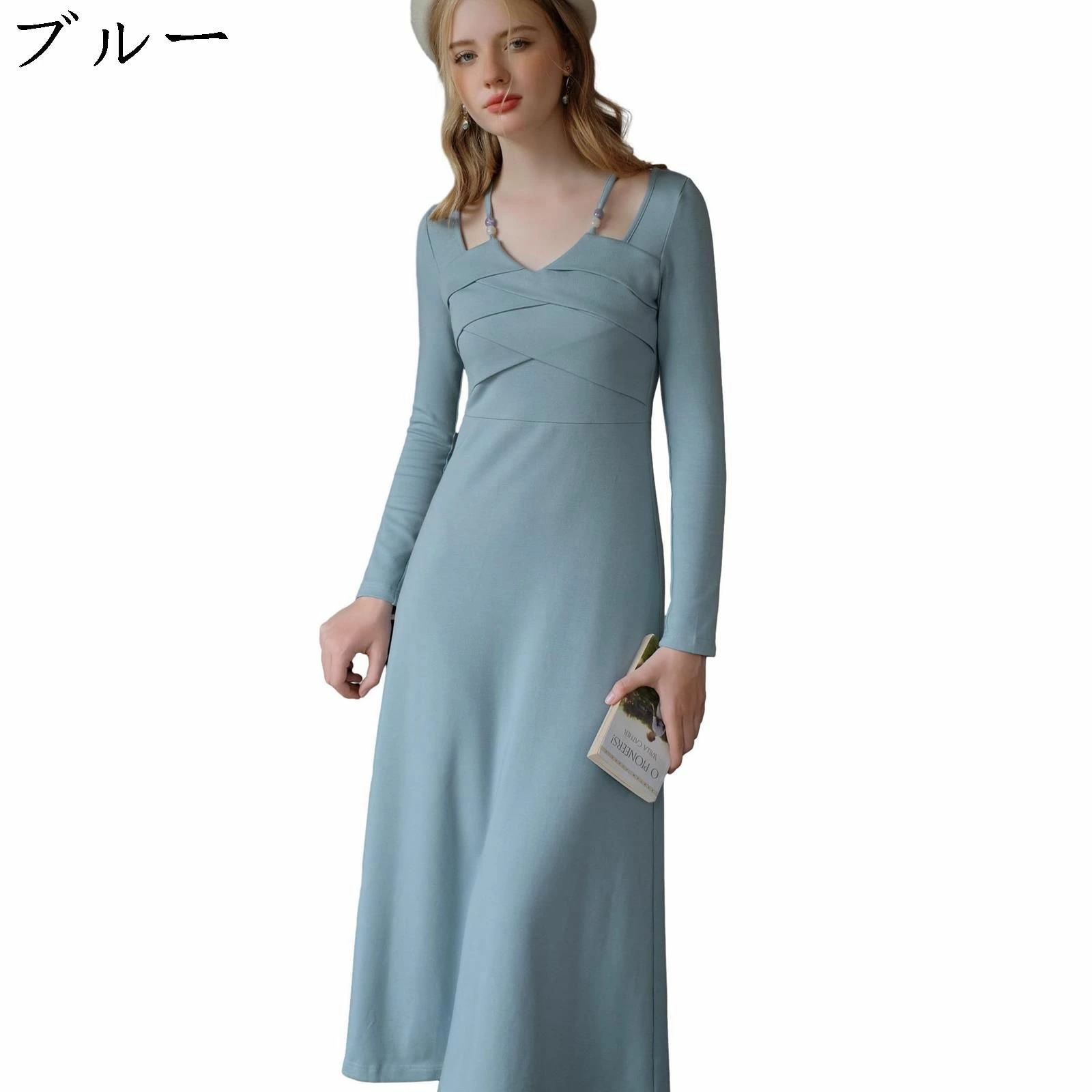 秋冬 ニットワンピース レディース フランス式 エレガント 春秋 防風 防寒 暖かい 快適 ケーブル編み 細身 aライン 着痩せ きれいめ ヴィンテージ 披露宴 旅行 海辺 お出かけ ブルー ロングワ