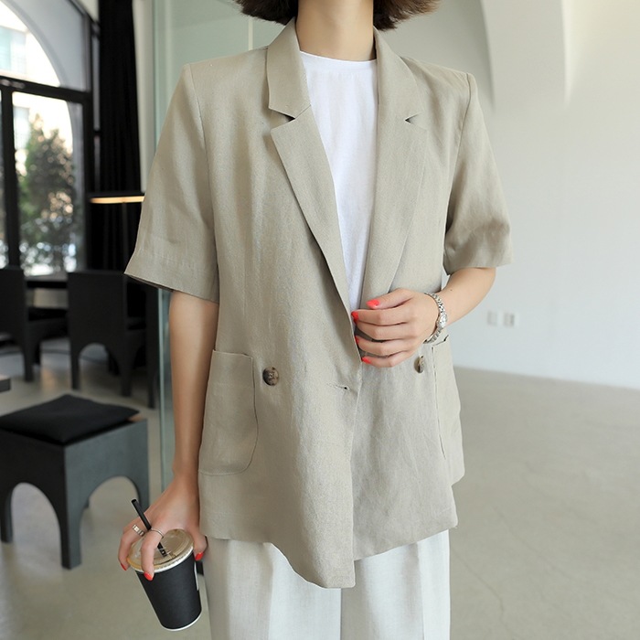 [韓国ファッション] ゆるシルエット ダブルボタン リネンジャケット（半袖）