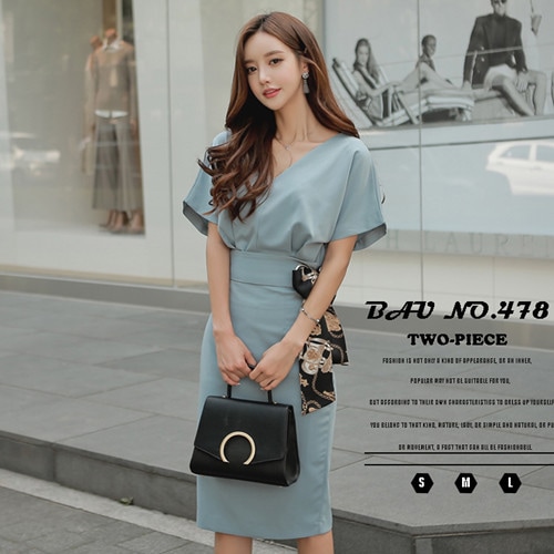 フォーマル ミモレ丈 きれいめ インポート オフィス Vネック スリム パーティ 大人 セットアップ ワンピース 膝下 二次会 bau478 無地 ドレス 通勤 結婚式 風 ブルー お呼ばれ 韓国 お