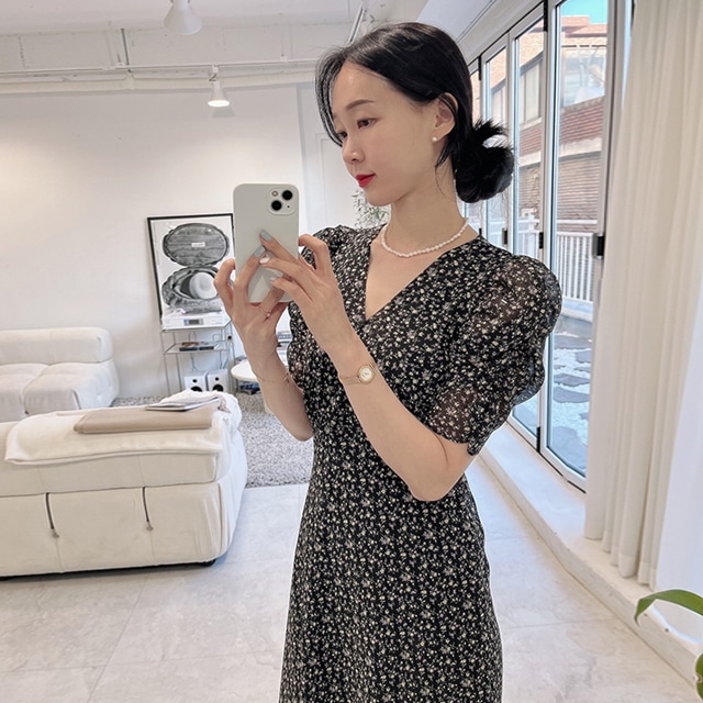 フラワー シフォン Vネック シャーリング ロング ワンピース