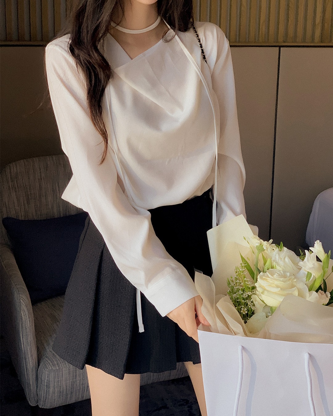 サレットドレープタイブラウス韓国ファッション レディース