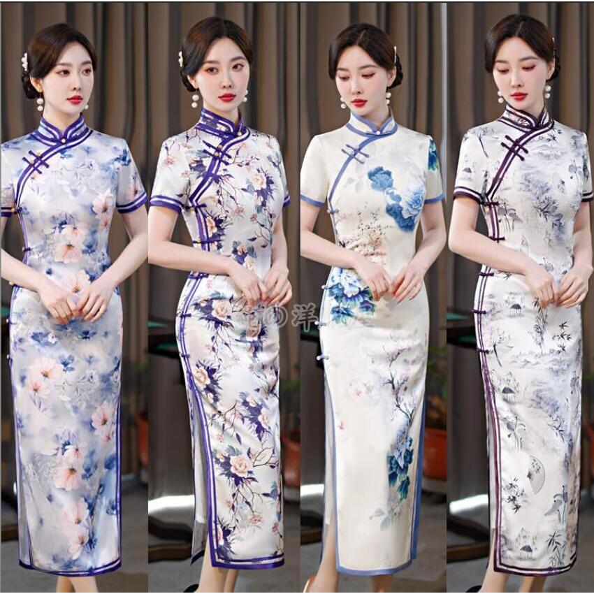 チャイナドレス ロング丈 花柄可愛い中華服 半袖 エレガント 中華ドレス チャイナ風コスプレ衣装　中華舞台演出ドレス　チャイナワンピース 演出服 パーティー30%までに制限
