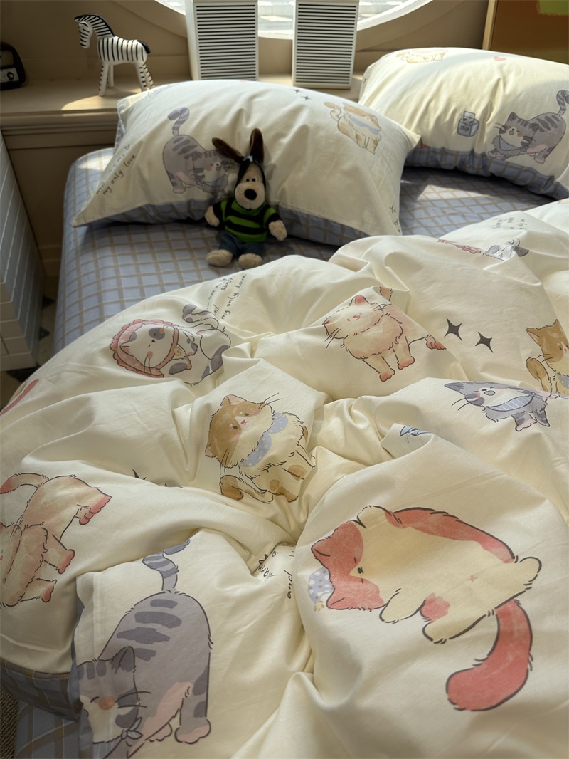 ソフトコミックス かわいいcat キックフィットベッド4点セット1.5m1.8寮用掛け布団カバーシーツ3点セット