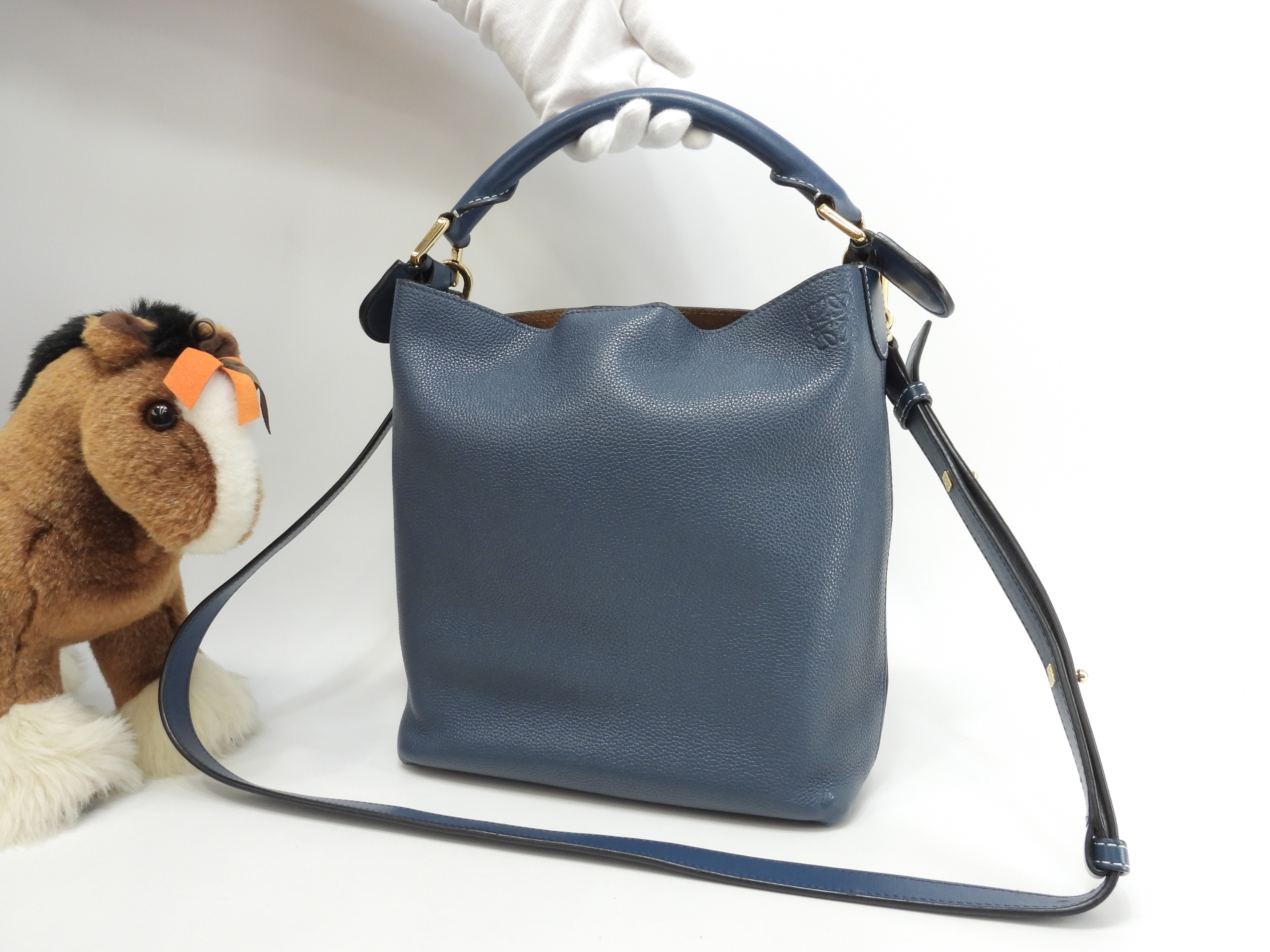 2wayハンドバッグ Tバケットスモール レザー青 ポシェット クロスボディ 美品@261707 2
