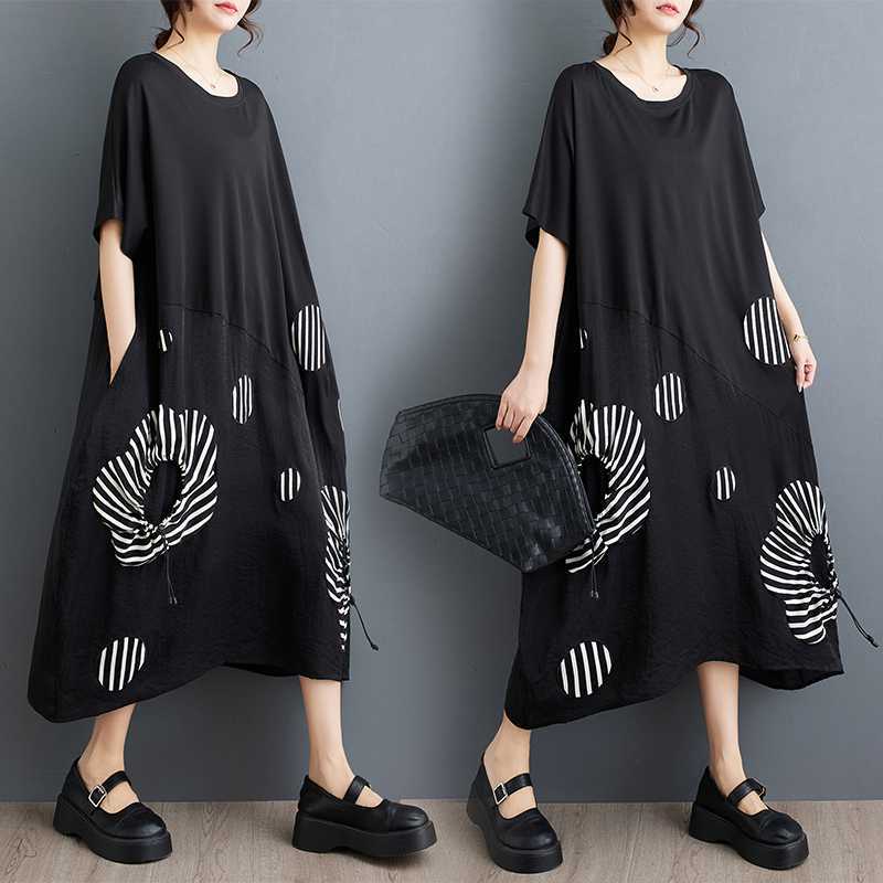 「ファットガール」 2024/夏/ゆったり/大きいサイズ/パッチワーク/ミドル丈/ワンピース