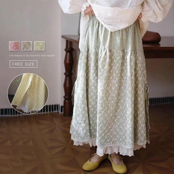 【即納】激安販売！チェック スカート レディース 春 秋 ロング丈スカート フリル 切り替え フレアスカート Aラインスカート フレア 着回し ゆったり Aラインスカート 体型カバー Aライン ロング