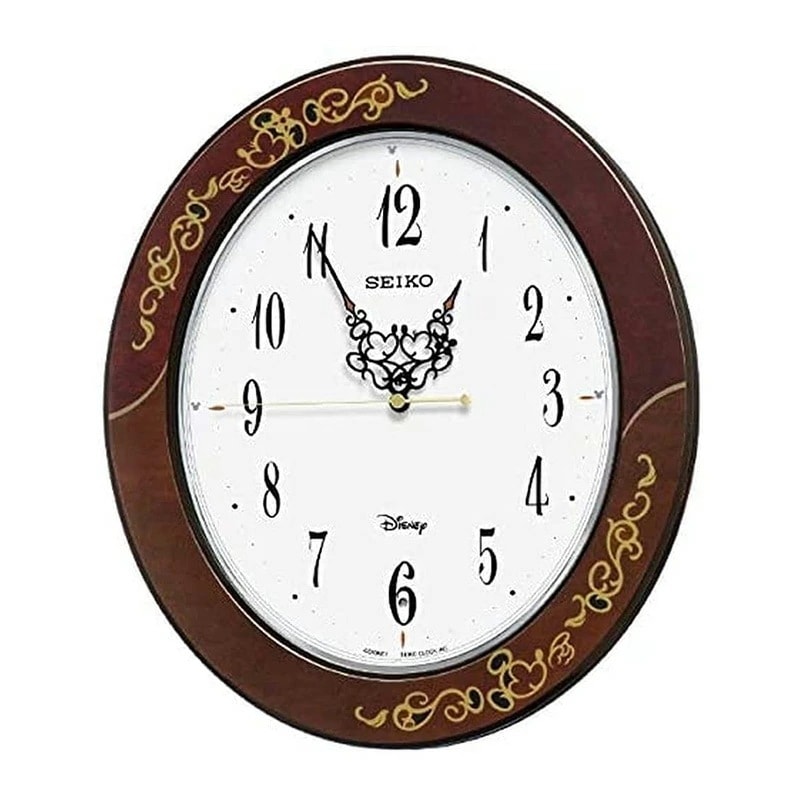 [SEIKO EMBLEM] セイコーエンブレム 掛時計 大人 ディズニー Mickey＆Minnie FS510B ブラウン 唐草柄 ミッキーマウス ミニーマウス 光沢 ホワイト 茶 電波時計