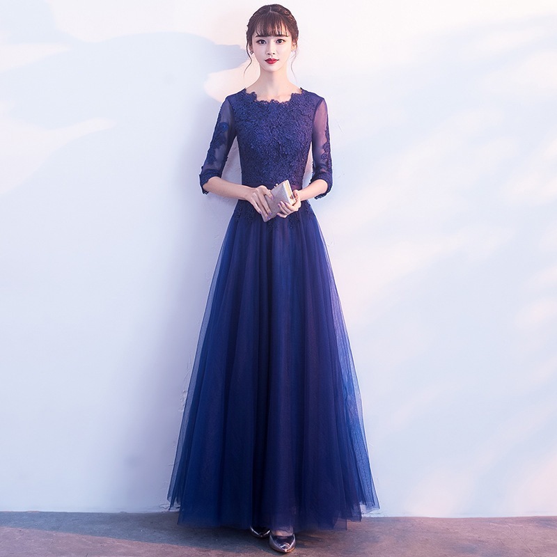 Hot!!!パーティードレス 袖あり ロング丈 韓国風 結婚式 ドレス レース フレア フォーマルドレス 上品