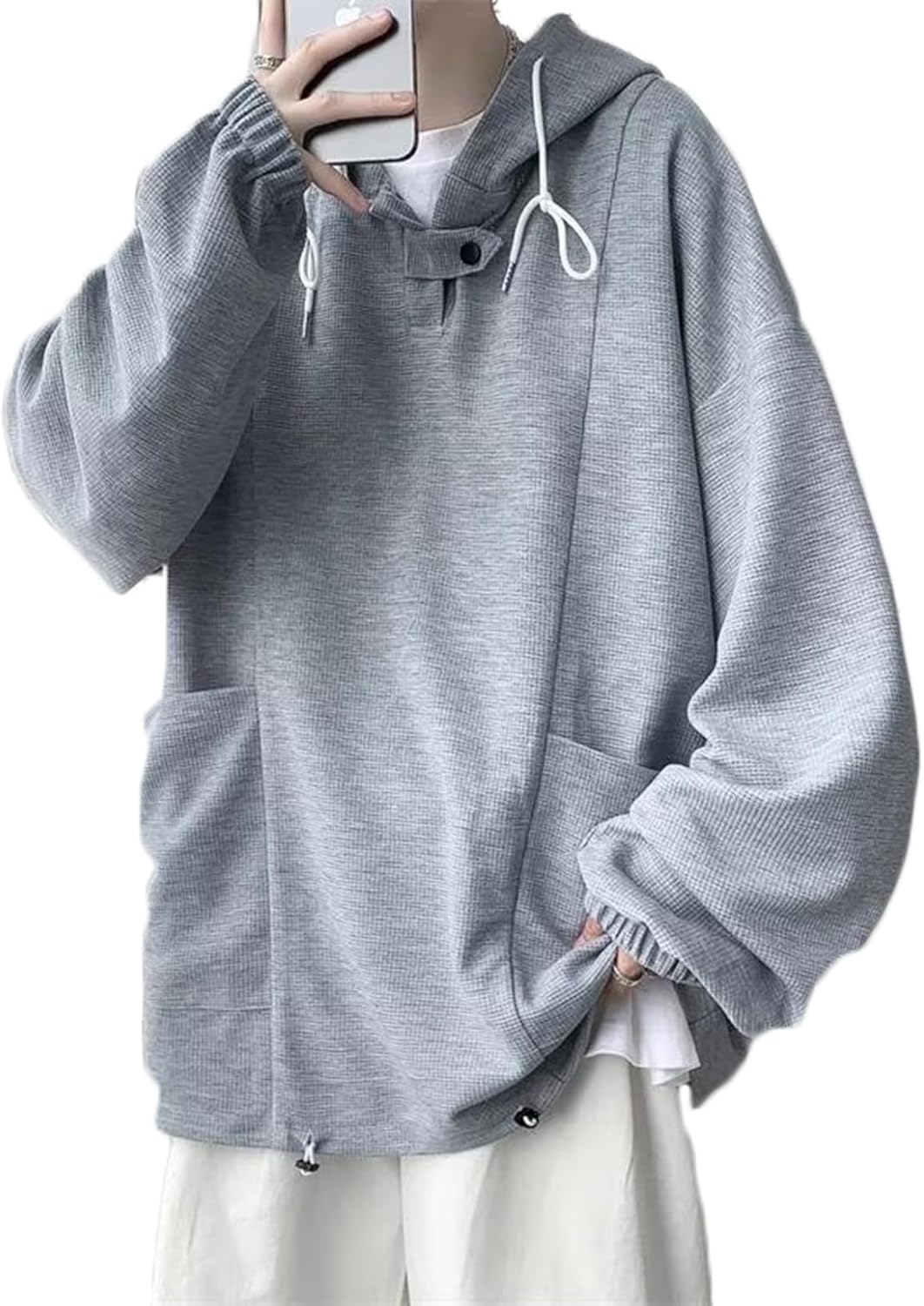 フードパーカー メンズ 秋 プルオーバー 長袖 上着 フード付 ワッフル柄 オーバーサイズ 無地 男女兼用 韓国風 伸縮性 薄手 可愛い スウェット 通学 運動 アウトドア カジュアル サイ