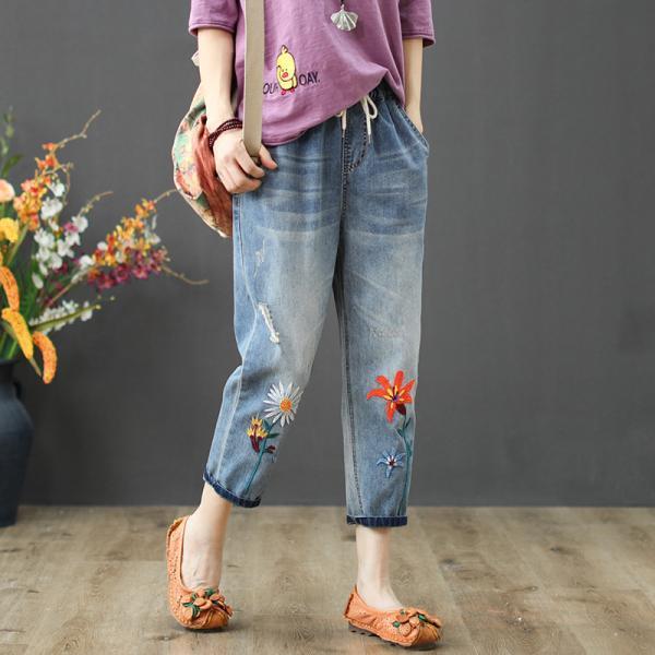 ジーンズ レディース 刺繍 花 フラワー イージーパンツ 七分丈 クロップド デニムパンツ ウォッシュ ダメージ