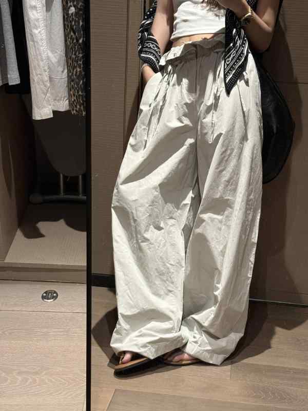 レディース ワイドパンツ 花辺 ハイウエスト デザイン ゆったり スリム 効果 ワークパンツ 夏 新作 防晒 日常 長ズボン コットン 混紡 ナイロン 混紡 薄手 直筒 型 韓国 風 スタイル グレー