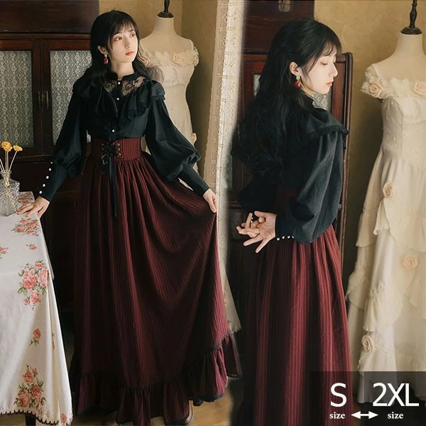 ロリータ フリル ブラウス スカート ロング丈 Aライン ワンピース 大きいサイズ クラロリ ゴスロリ 中世ヨーロッパ ゴシック様式 ストライプ柄 袖付き Lolita リボン クリスマス レディース