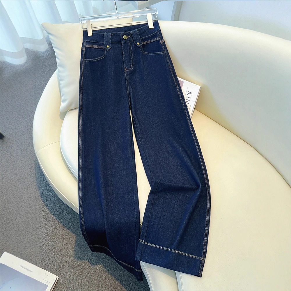 との女性用デニンブルーワイドレッグジーンズ注目のダークアメリカンナローカット9ポイントストレートパンツ