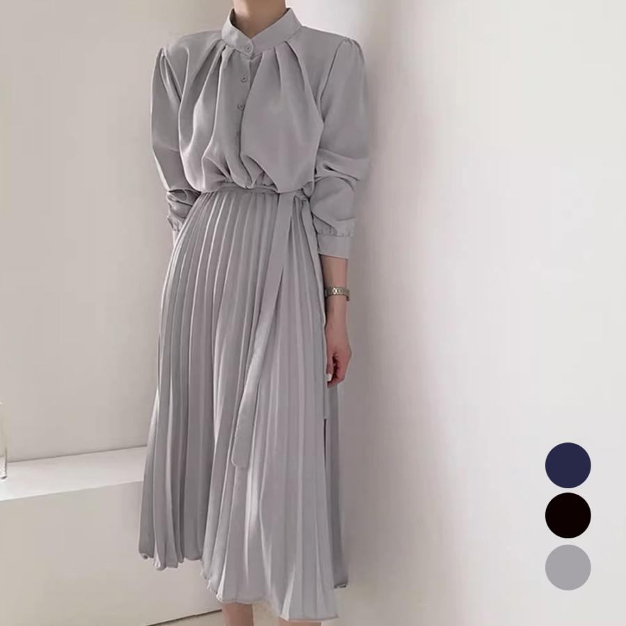 ロングワンピース 長袖プリーツワンピ韓国【ネコポス可】