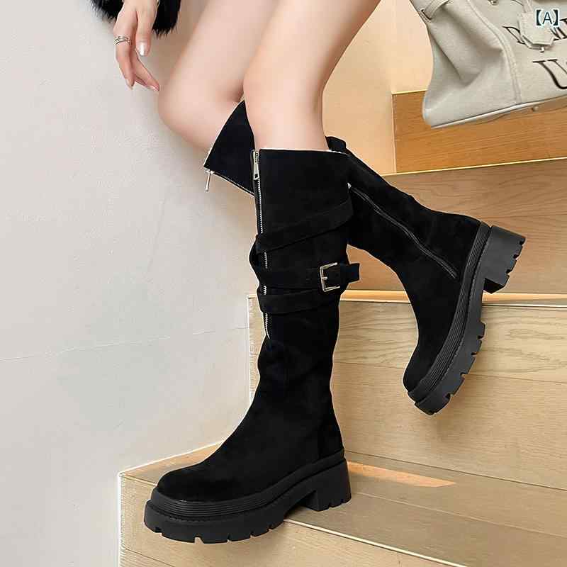ロングブーツ レディース カジュアル おしゃれ ラウンドトゥ 太い ヒール プラット フォーム ソール ベルトバックル 女性用 厚底 ブラウン ロング スノーブーツ クール 暖かい 膝上 ブーツ