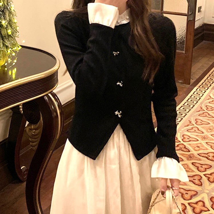 ワンピース Aライン ミモレ丈 ニット カーディガン 異素材 パール 高見え 韓国 フリル スリム タイト 細身 かわいい 大人可愛い きれいめ シンプル デート 上品 おしゃれ