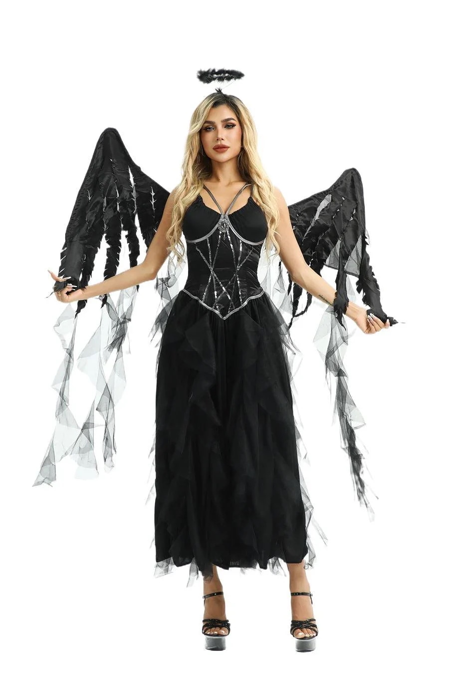 ハロウィンコスチュームヨーロッパとアメリカのダークゴシックゴースト花嫁ブラックエンジェルデーモンエルフコスチュームヴァンパイアホラードレス