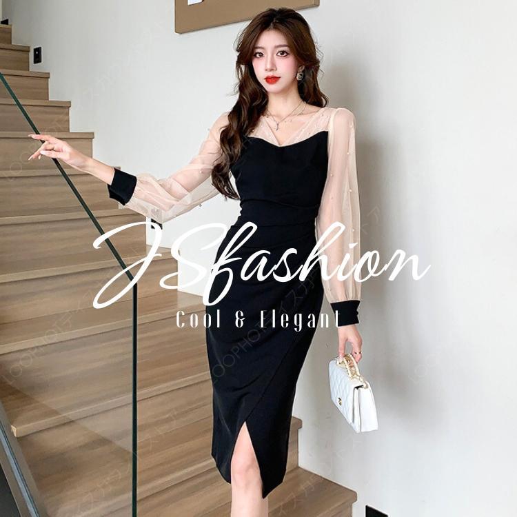 JSfashionワンピース パール付き シースルー パーティードレス ブラックドレス 黒 異素材切替 タイト ワンピース 長袖 膝丈 ひざ丈 おしゃれ wm4820201-49