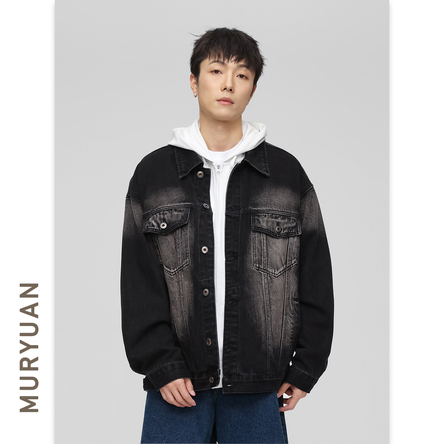 トレンドブランドメンズマットホワイトブラックデニムジャケットルーズアウタースタイルアメリカンウォッシュジャケット
