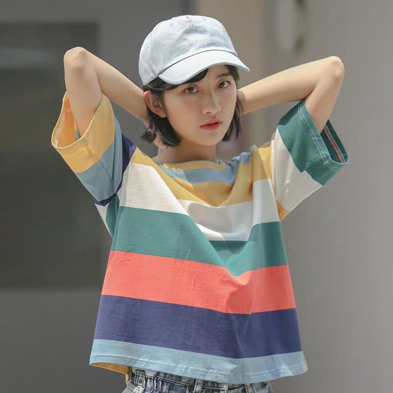 倉 綿Tシャツ女子半袖女子学生韓国版ルーズイン風ラウンドネックサマーオールマッチトップレインボー 国内最安値