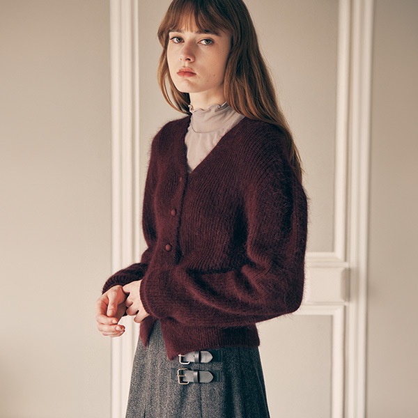 ANGORA HAIRY BALLOON CARDIGAN BURGUNDY