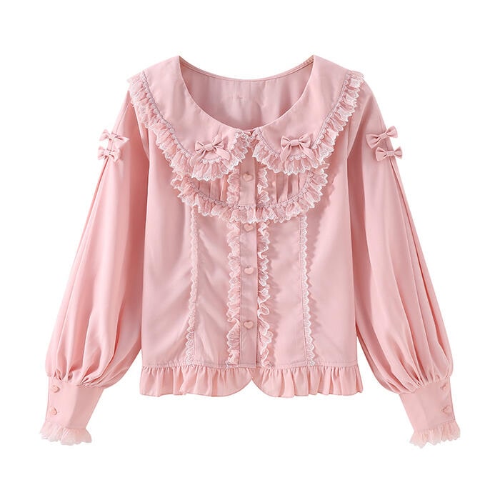 秋冬 新作 甘ロリータ ブラウス 長袖 丸襟 レディース シャツ ピンク ブラック レース リボン フリル ハート かわいい ロリータ ロリィタ ゴスロリ Lolita ロリータファッション ゴシック