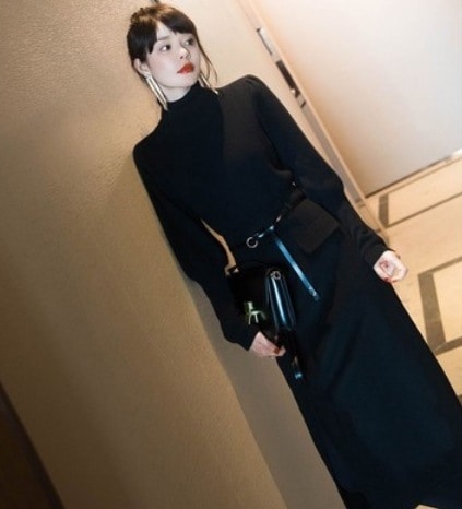 ハイネックニット＆ロングスカートセット 袖あり 長袖 ハイネック ストレート 上下セット イベント 可愛い きれいめ シンプル 上品 おしゃれ かっこいい レトロ アジアン 可愛い