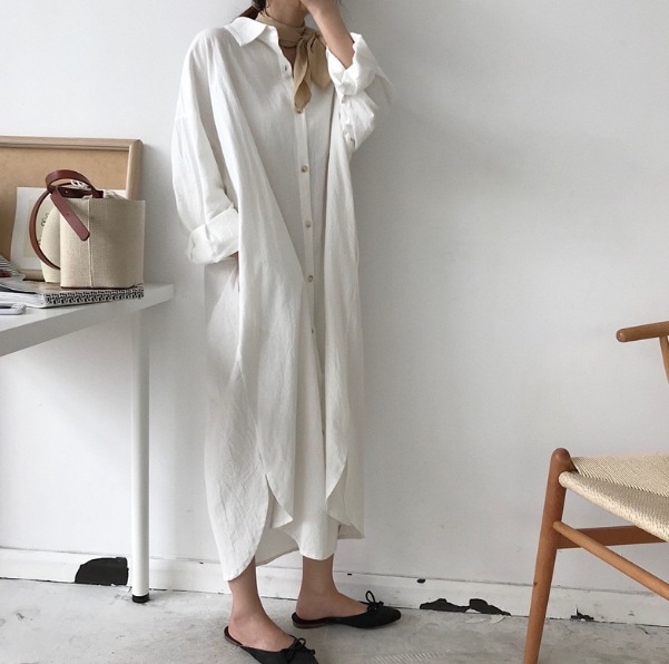 ワンピース シャツワンピース ロング丈 長袖 襟付き シャツカラー デザイン ボタン オーバーサイズ ビッグシルエット 美ライン カラバリ ロマンチック リラックス クリーン かわいい 大人可愛い