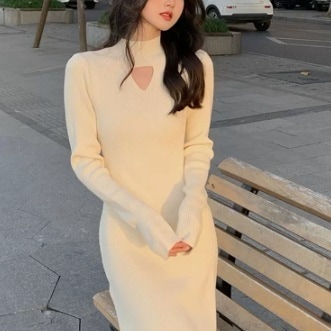 ニットワンピース ミモレ ミモレ丈 長袖 デザインネックカット ストレートデザイン リブニット ニット かわいい 大人可愛い きれいめ シンプル カジュアル 大人 上品 おしゃれ お洒落 大人女子