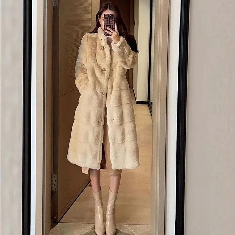 25新作ミドル丈 人工ファー コート スタンド襟 フリース チェスターコート ふわふわ 厚手 アウター ボア ムートン