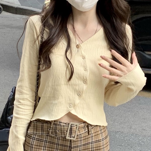 セットアップ ツーピース トップス ボトムス カーディガン パンツ ズボン ボタン Vネック 無地 チェック柄 格子柄 春 秋 ショート丈 通勤 長袖 スリムフィット S M ベージュ カーキ