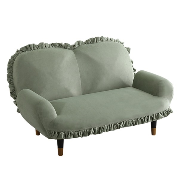 大人かわいいインテリア フリル付きベロアソファ 2人掛け グリーン＆ブラック