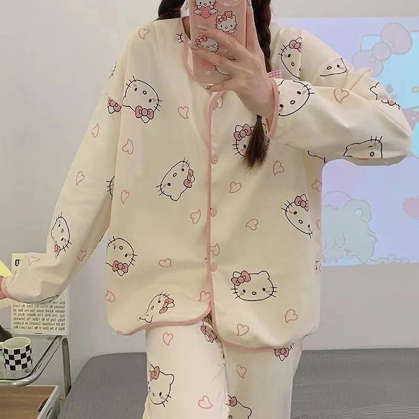 レア ハローキティ パジャマ上下セット Qoo10] ハローキティ パジャマ 上下セット 長袖