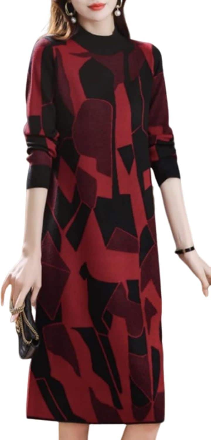 幾何学柄 ワンピース レディース 長袖 ニット ジオメトリー 総柄 膝丈 秋 冬 パターン style セミフォーマル シンプルニット リブニット お宮 参り オヨバレ(レッド, M) 5,202円