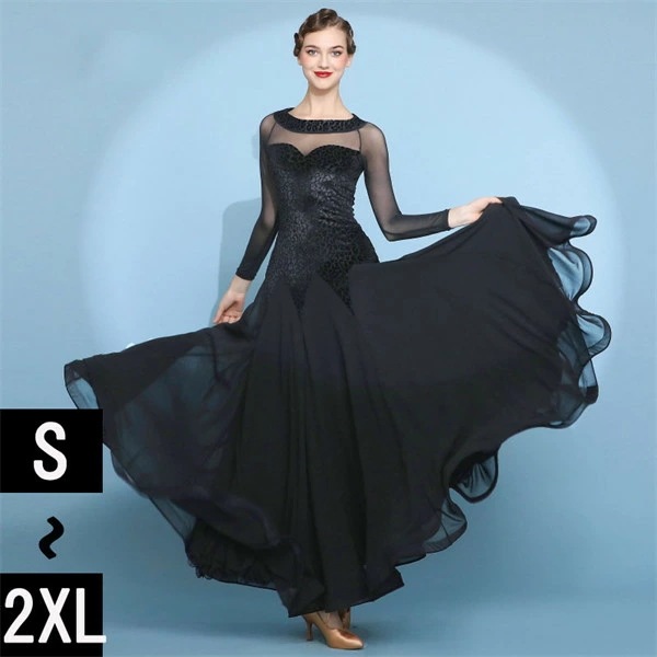 社交ダンス ワンピース モダンドレス 黒 大きいサイズ 長袖 社交ダンスドレス 社交ダンス衣装 ダンス発表会 大きい裾 スタンダードドレス 競技着 練習着 演出用 ワルツダンス ダンス衣装 ダンスパー