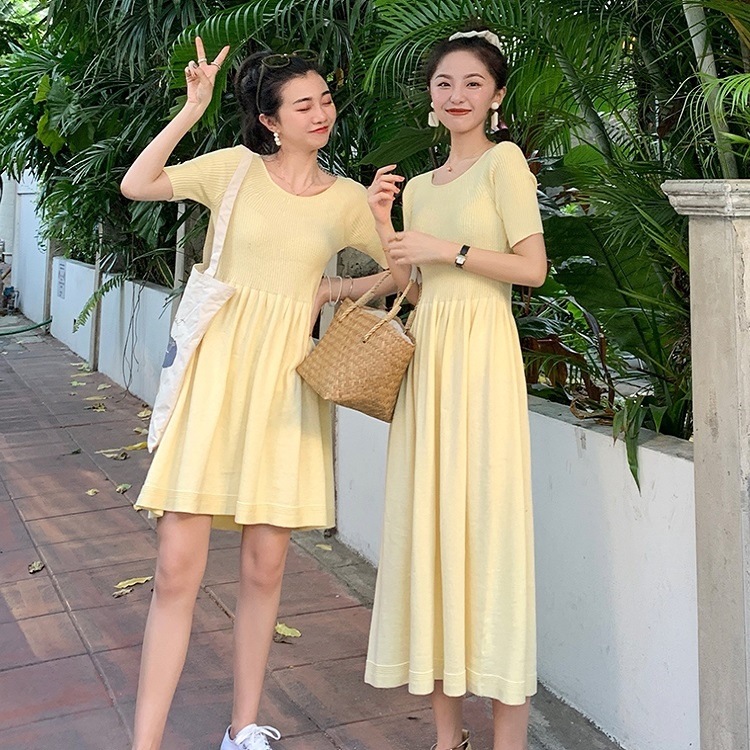 夏 ニット ワンピース 無地 ひざ丈 ハイウエスト 半袖 ゆるカジ カジュアル シンプル