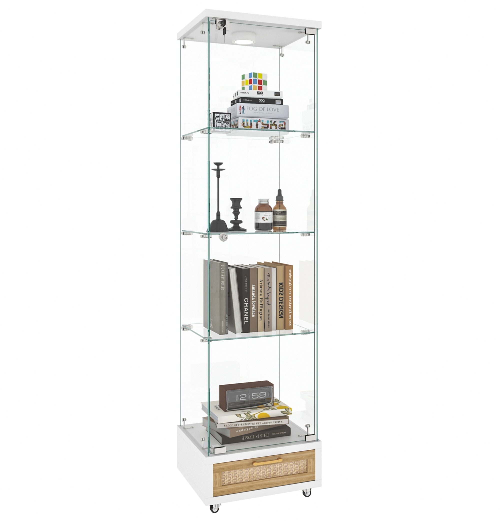 【国内出荷】LED照明＆引き出し付き ガラスディスプレイキャビネット鍵付き強化ガラス収納棚リビング・寝室用 1ドア4段 ホワイト