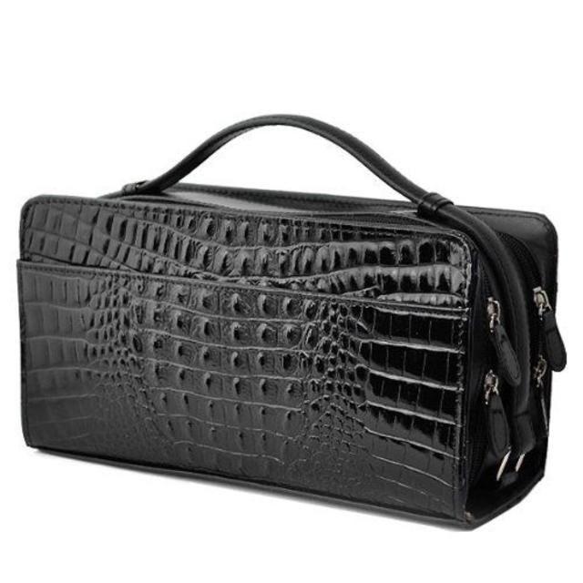 【新規OPEN】【期間限定セール】【激安】【新品未使用】牛革クロコダイル型押し　ダブルファスナー式　BOX型　セカンドクラッチバッグ　E-205　ブラック