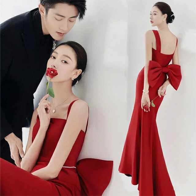 マーメイドドレス ワイン赤 二次会ドレス サテン ドレス ロング 結婚式ドレス キャミ バックリボン オシャレ ロングドレス ウェディングドレス イブニングドレス 優雅 エレガント