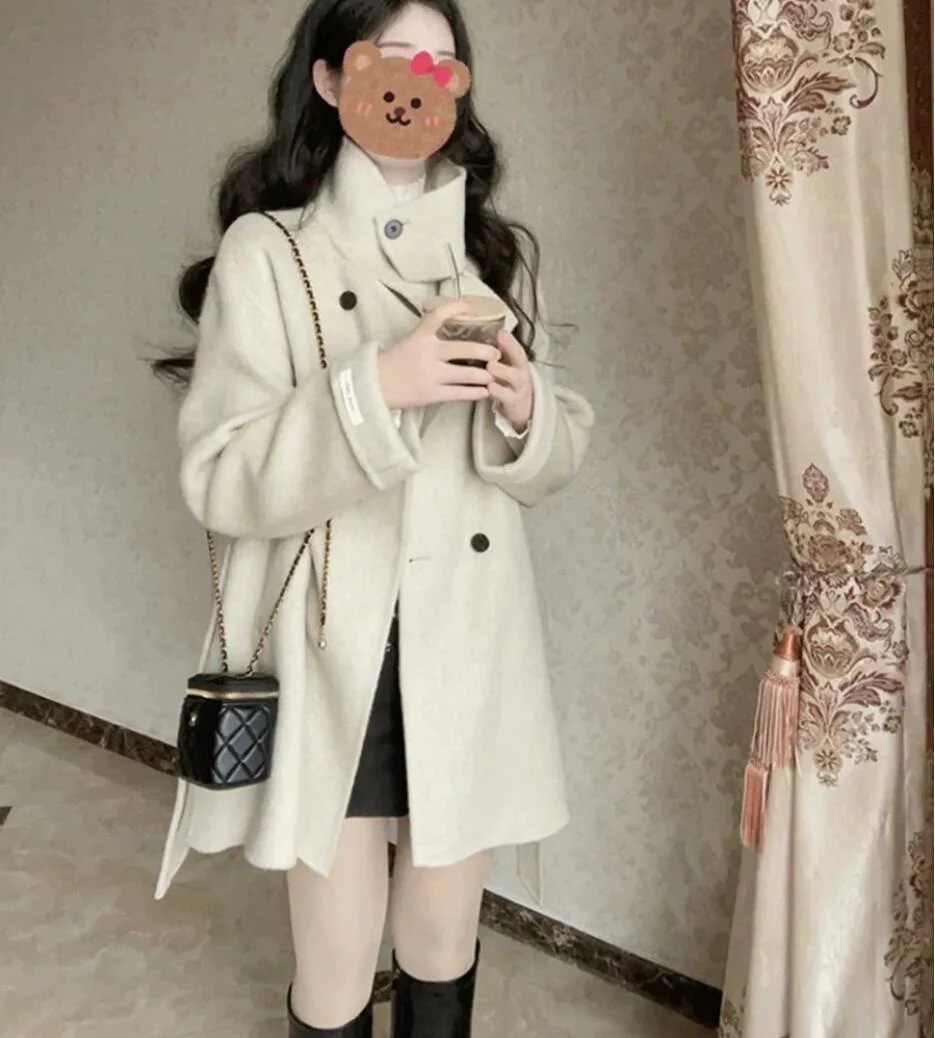 ウールタッチ ベルト付き ハイネック コート スタンドネック 韓国ガーリー カジュアル きれいめ オフィス OL 学生 通学 通勤 きちんと感のある上品アウター