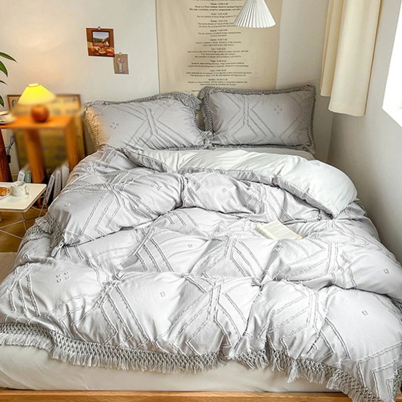 クーポン 布団カバー 3点セットシングルサイズ ボックスシーツ おしゃれ 4点セット フラットシーツ 寝具カバー 掛け布団カバー ダブル ダブル タッセル付き 姫系 北欧 ベッド用品 無地 寝具カバー